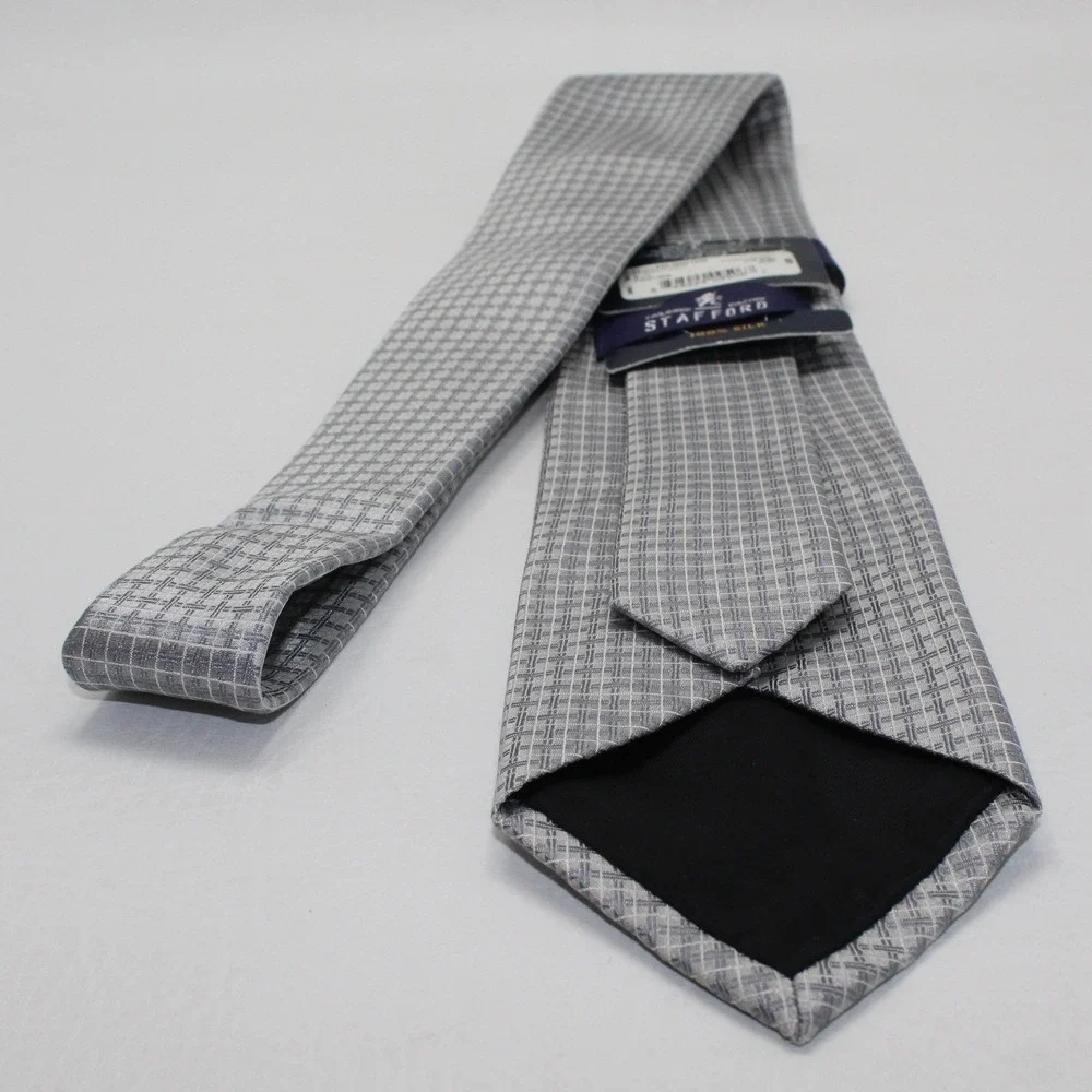 Stafford Mens Silk Necktie Silver Grey Grid Geometric Pattern PJSNF14S08 New